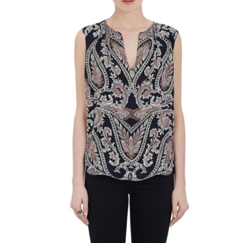 L'Agence Abella Paisley Sleeveless Blouse Small Silk Dark Navy